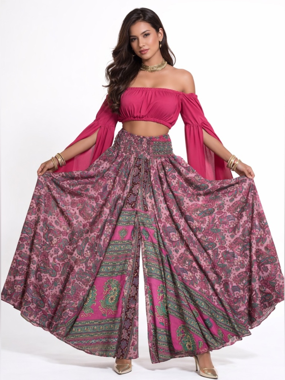 Paisley Super Wide Leg Palazzo Pants Women SZ OS Eclectic Carefree Gypsy Fairy